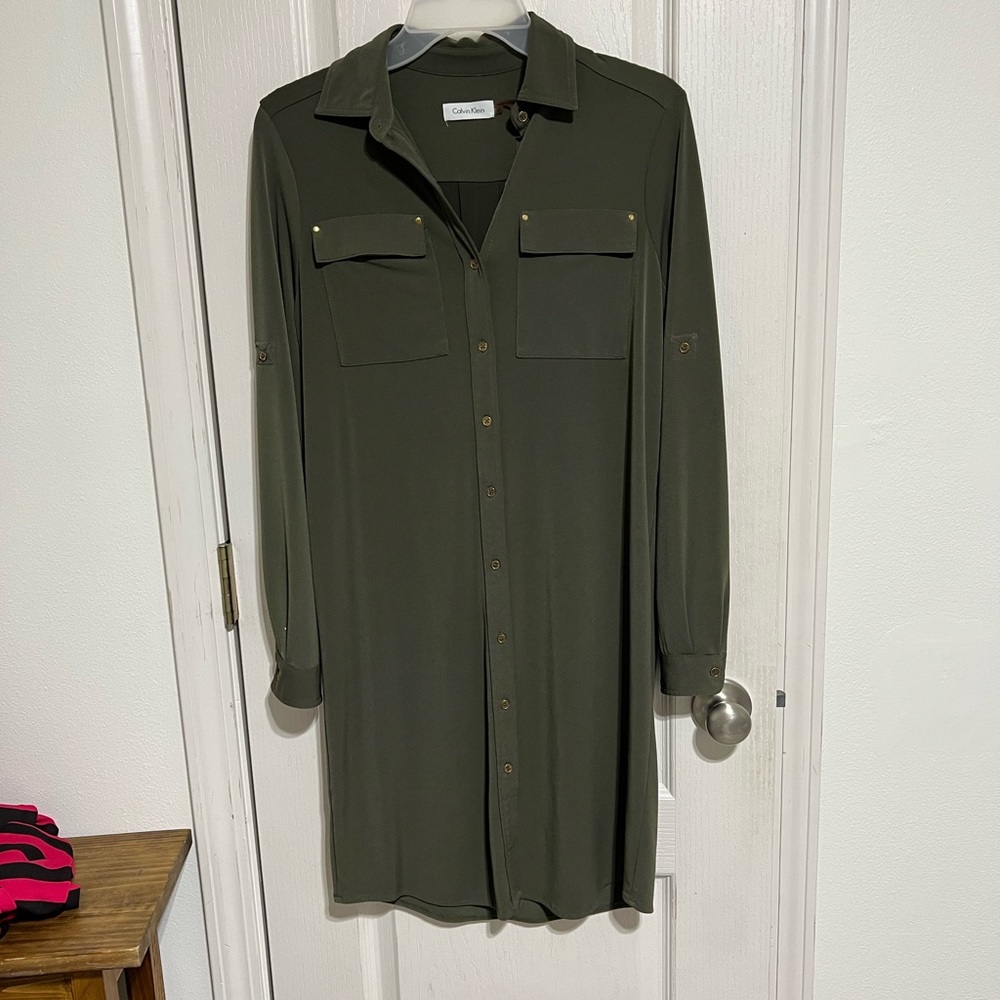 Olive green LS Calvin Klein shirt dress